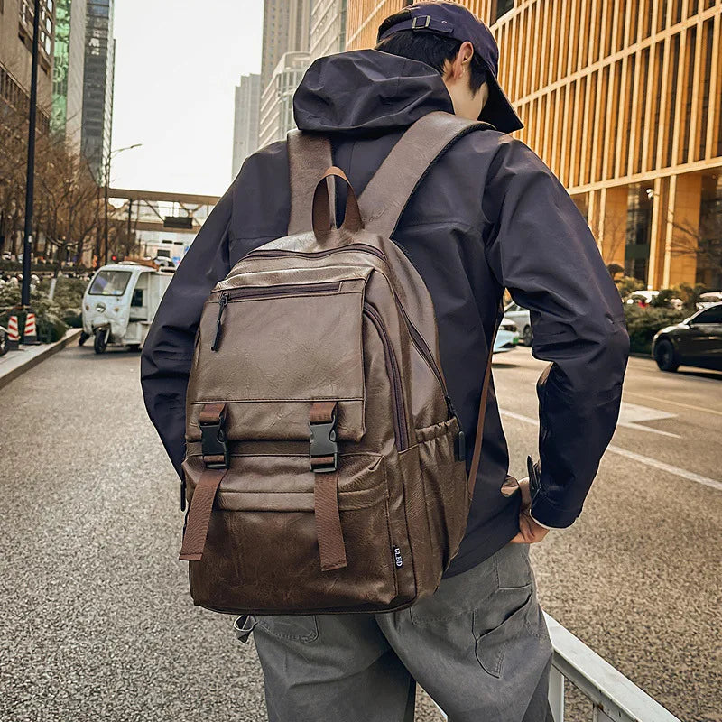 Premium PU Leather Laptop Backpack - Waterproof Travel Rucksack for Men