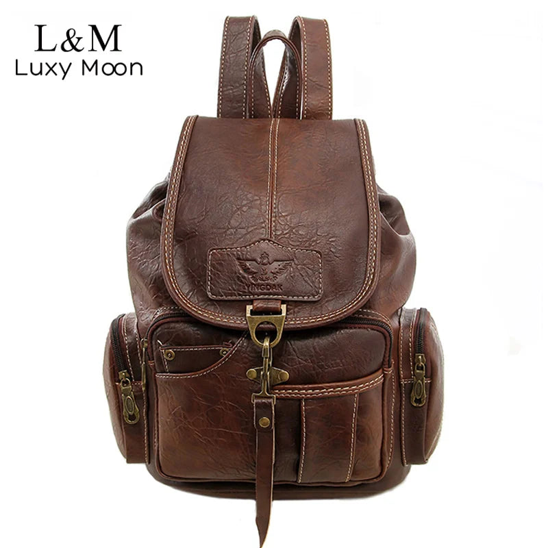 Vintage PU Leather Drawstring Backpack for Women & Teens