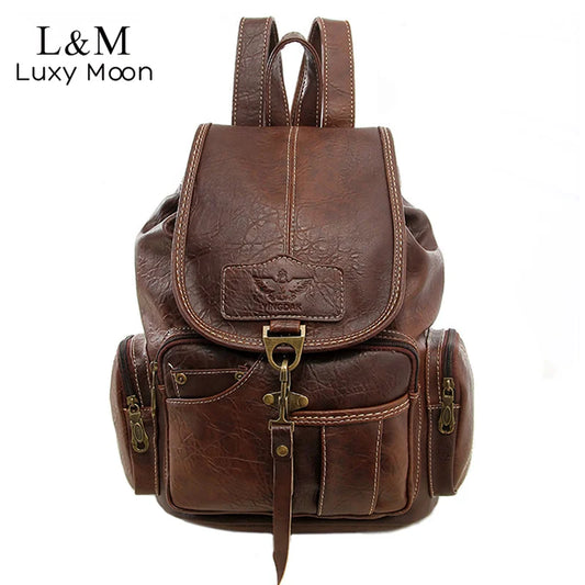 Vintage PU Leather Drawstring Backpack for Women & Teens