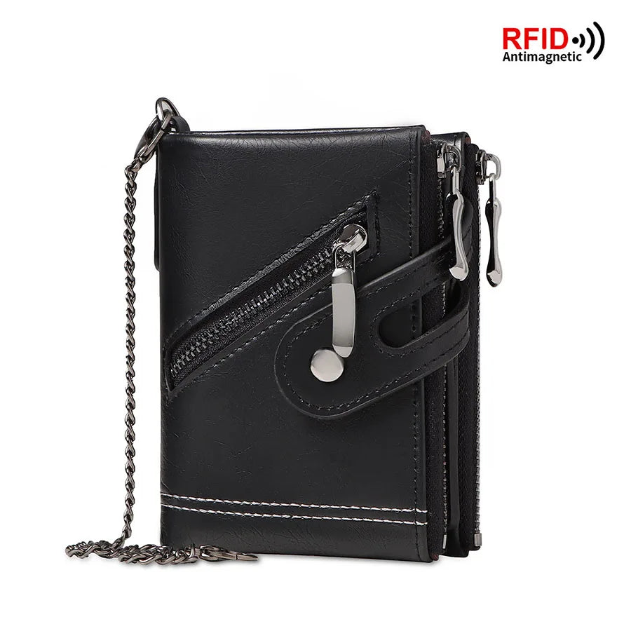 Men's RFID-Blocking Leather Chain Wallet with Double Zipper