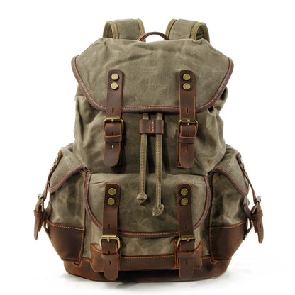 Canvas Leather Travel Backpack - 20-35L Large Capacity Outdoor Bag