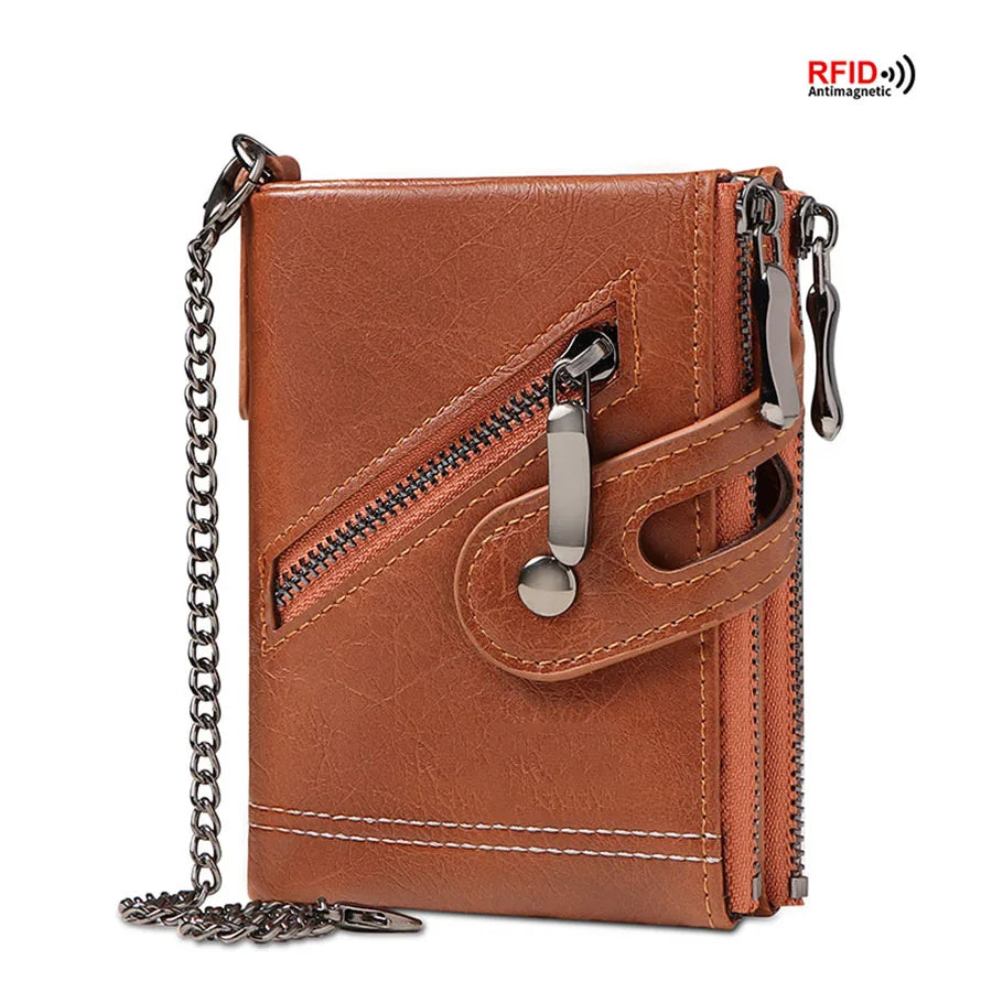 Men's RFID-Blocking Leather Chain Wallet with Double Zipper
