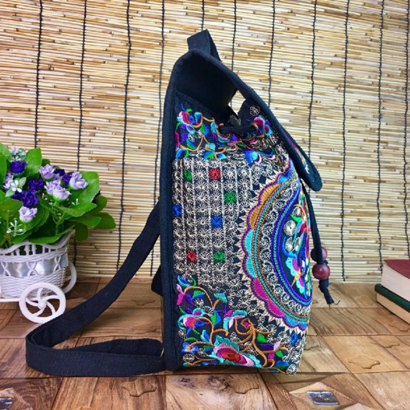 Handmade Embroidered Canvas Backpack for Women - Large Capacity Travel Rucksack