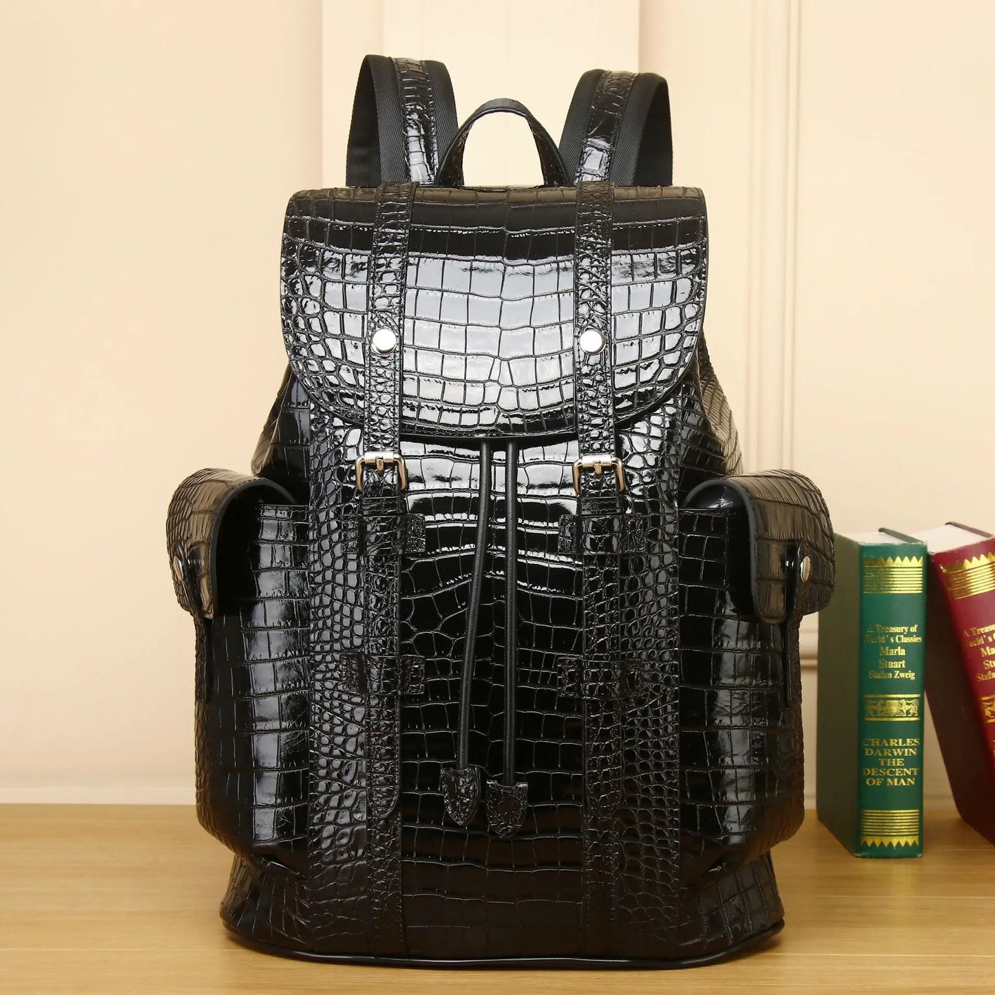 Premium Crocodile Pattern Leather Travel Backpack - 20-35L Capacity