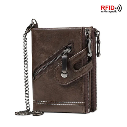 Men's RFID-Blocking Leather Chain Wallet with Double Zipper