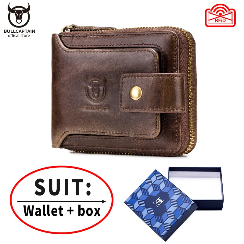 BULLCAPTAIN Men's Genuine Leather RFID Wallet with Coin Purse
