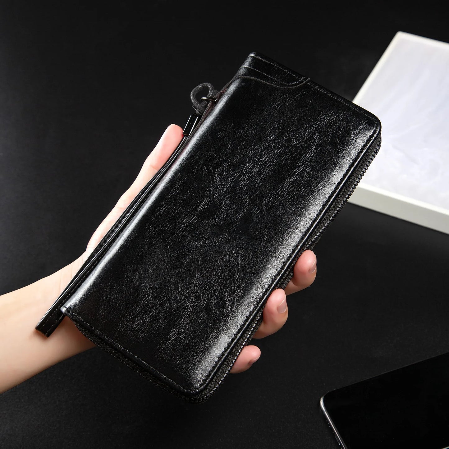 Men's RFID Blocking Long Leather Wallet with Zipper