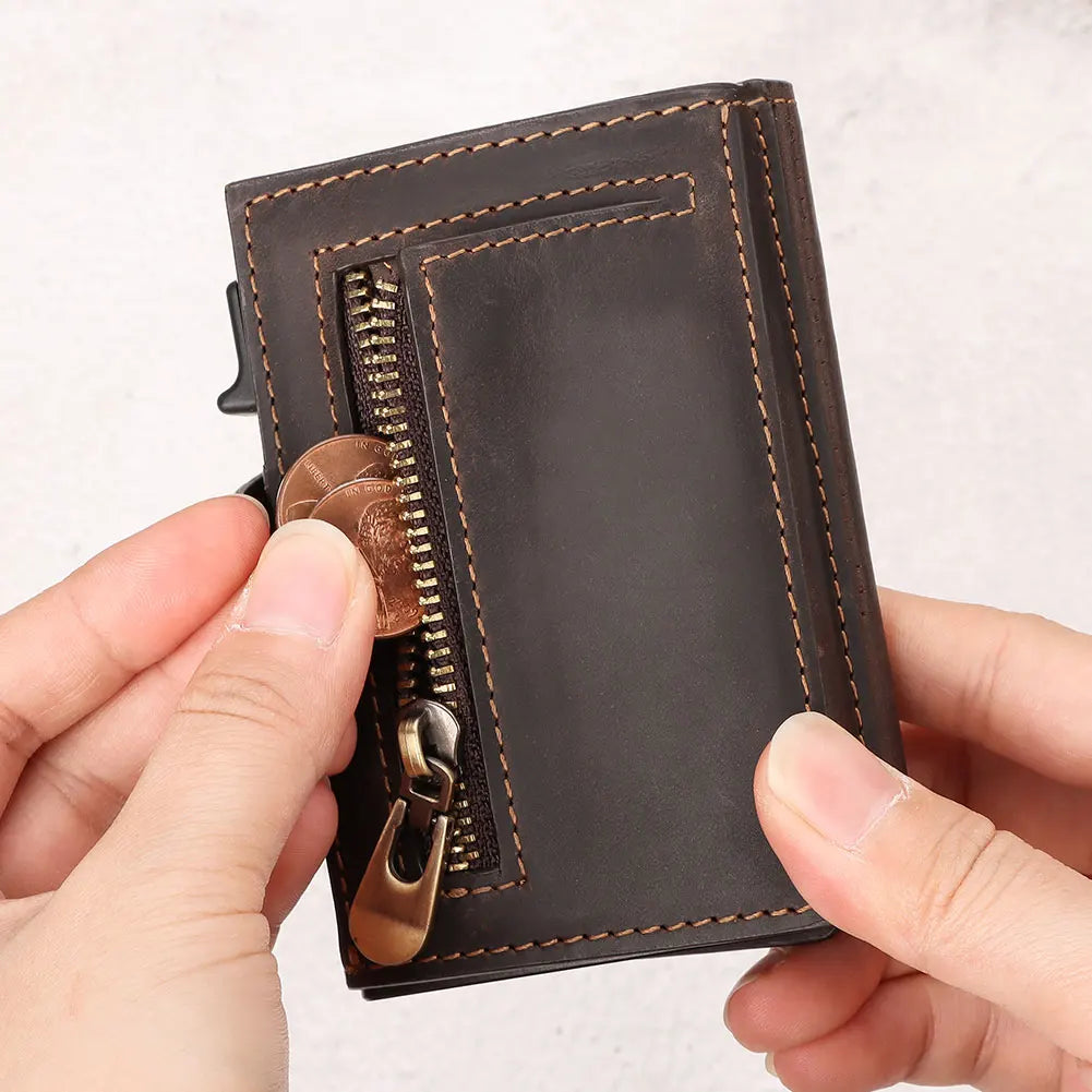 HUMERPAUL RFID Smart Pop-Up Card Wallet - Genuine Leather Slim Card Holder with Coin Purse