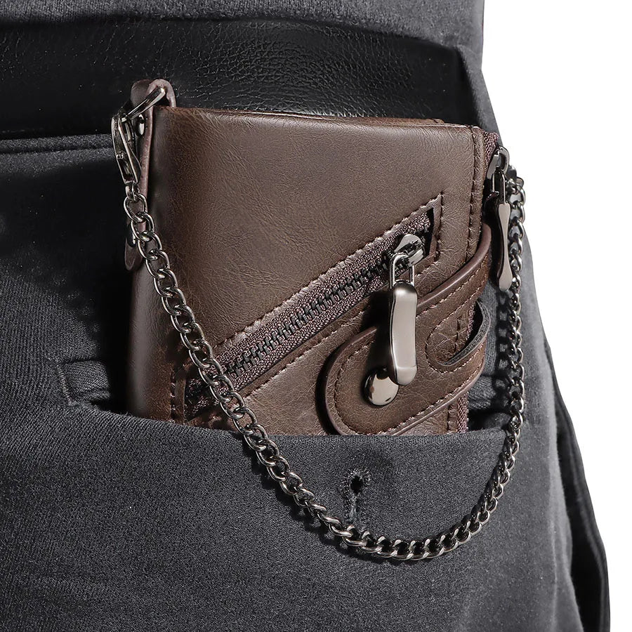 Men's RFID-Blocking Leather Chain Wallet with Double Zipper