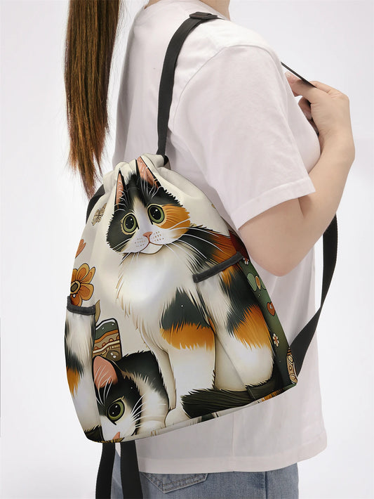 Cat Pattern Drawstring Backpack - Large Capacity Sports & Fitness Bag