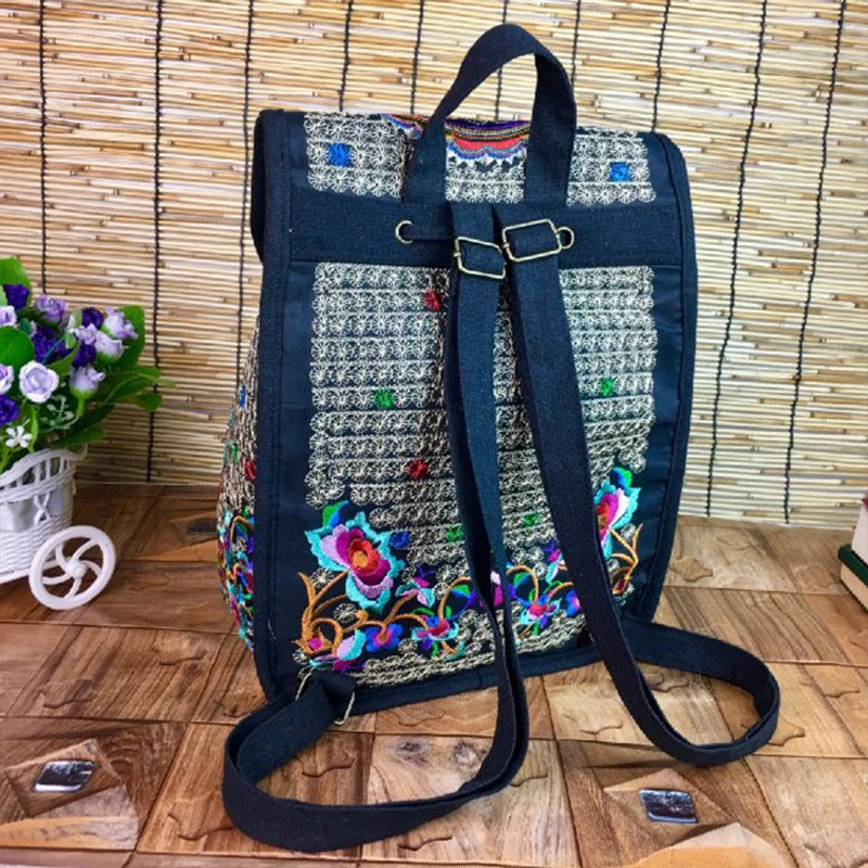 Handmade Embroidered Canvas Backpack for Women - Large Capacity Travel Rucksack