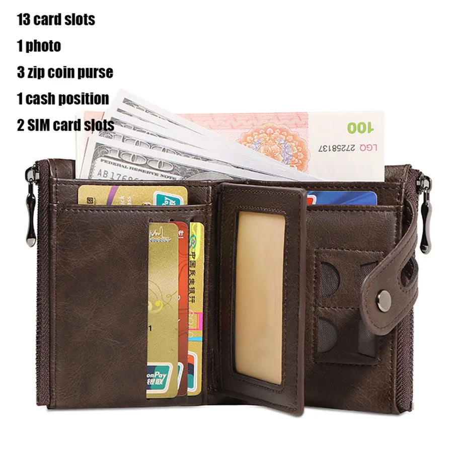 Men's RFID-Blocking Leather Chain Wallet with Double Zipper