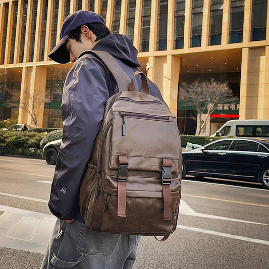 Premium PU Leather Laptop Backpack - Waterproof Travel Rucksack for Men