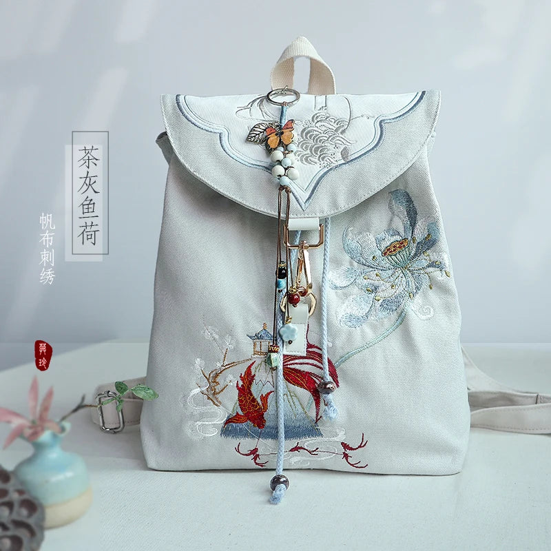 15-Inch Retro Chinese Style Embroidered Canvas Backpack