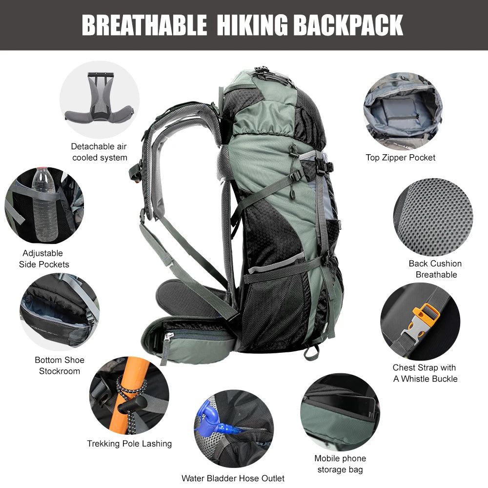 WESTTUNE 60L Internal Frame Hiking Backpack with Rain Cover - Outdoor Travel Camping Pack