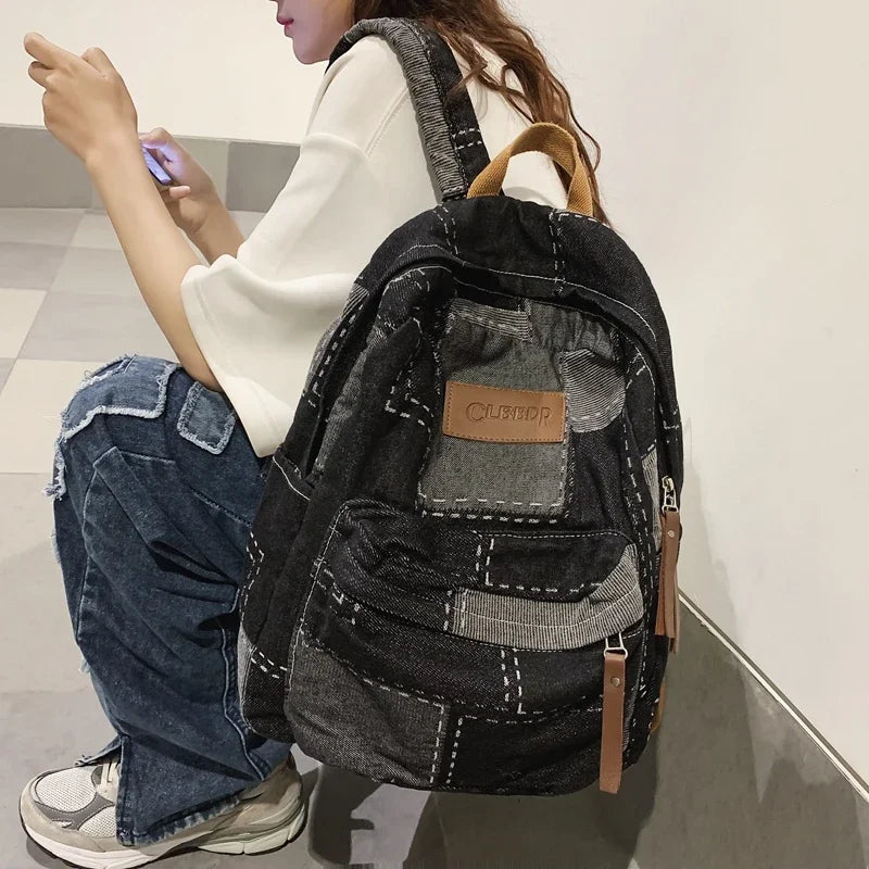 Washed Denim Backpack - Unisex College & Travel Bag with Laptop Compartment