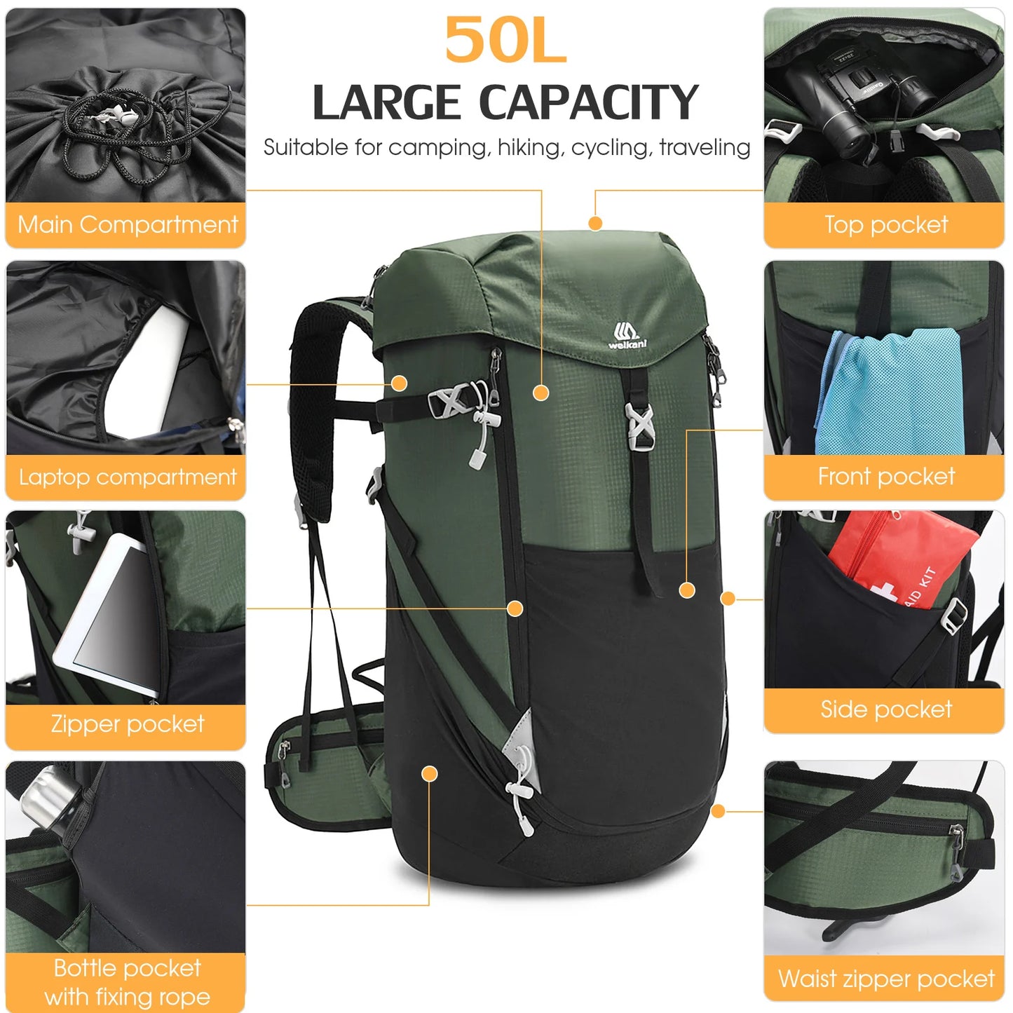 TOMSHOO 50L Waterproof Mountain Backpack - Tactical Outdoor Hiking Pack