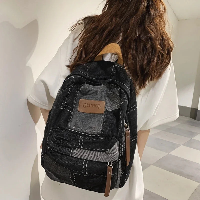 Washed Denim Backpack - Unisex College & Travel Bag with Laptop Compartment