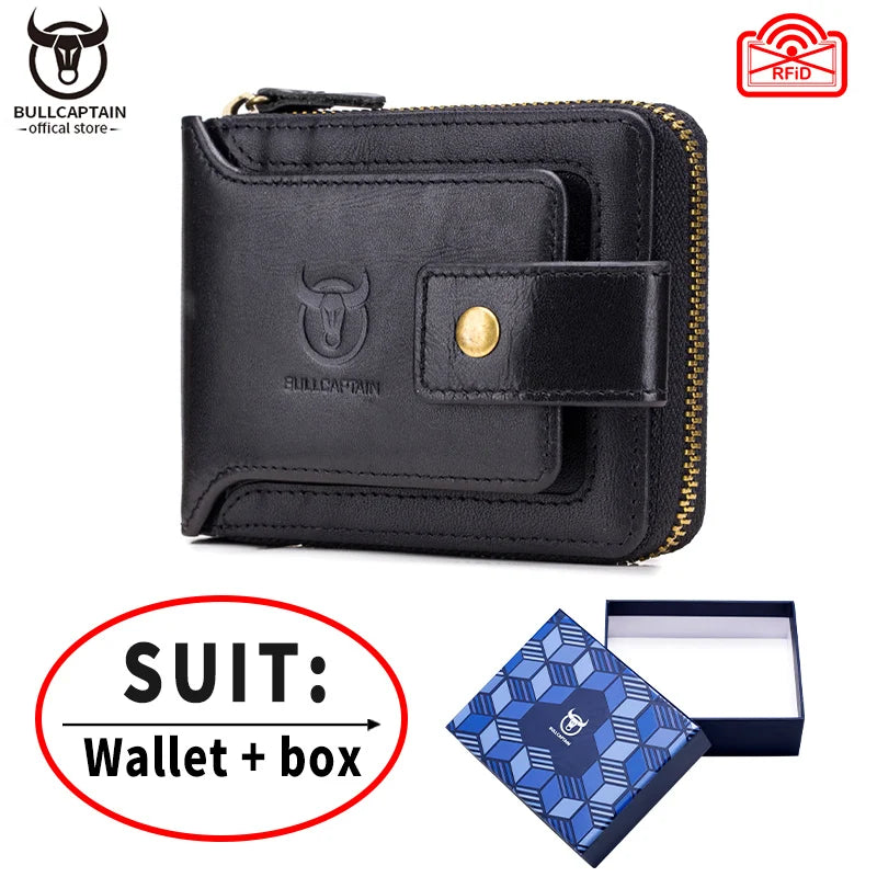 BULLCAPTAIN Men's Genuine Leather RFID Wallet with Coin Purse
