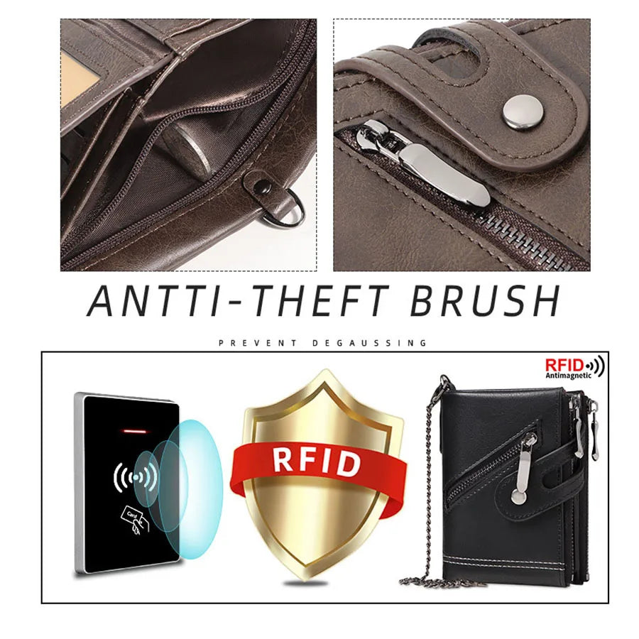 Men's RFID-Blocking Leather Chain Wallet with Double Zipper