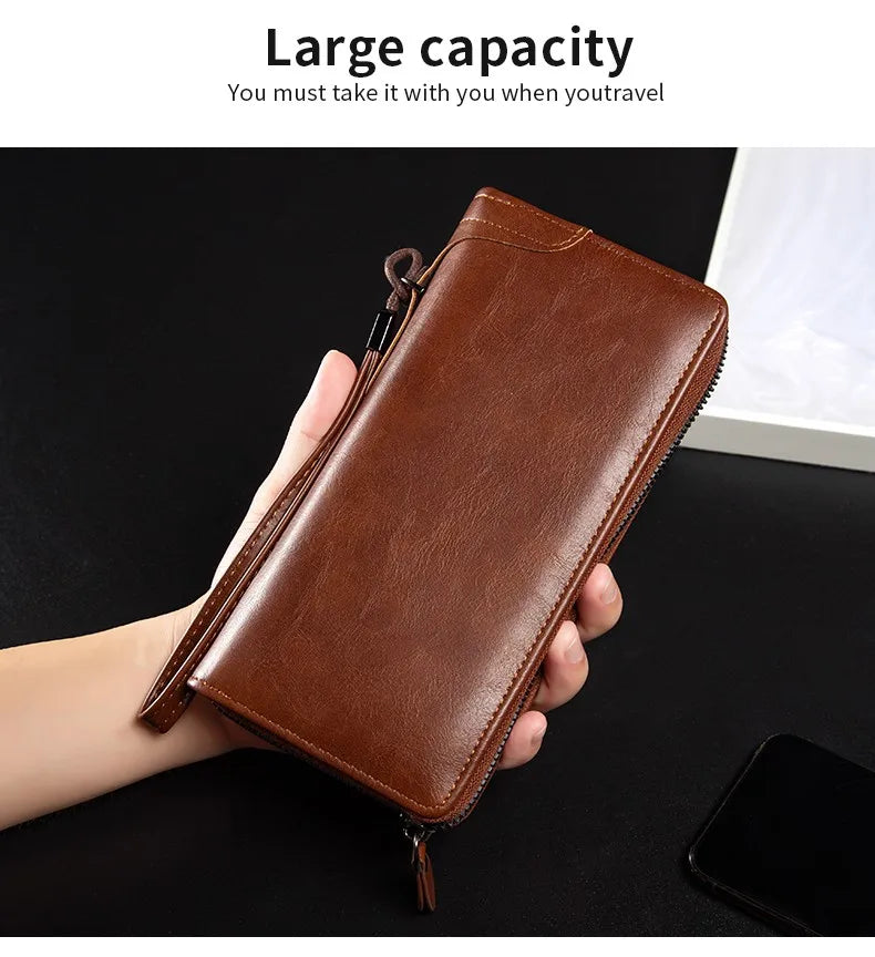 Men's RFID Blocking Long Leather Wallet with Zipper