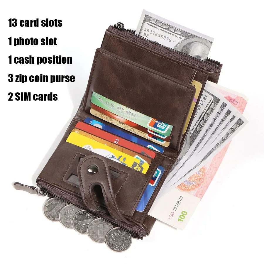 Men's RFID-Blocking Leather Chain Wallet with Double Zipper