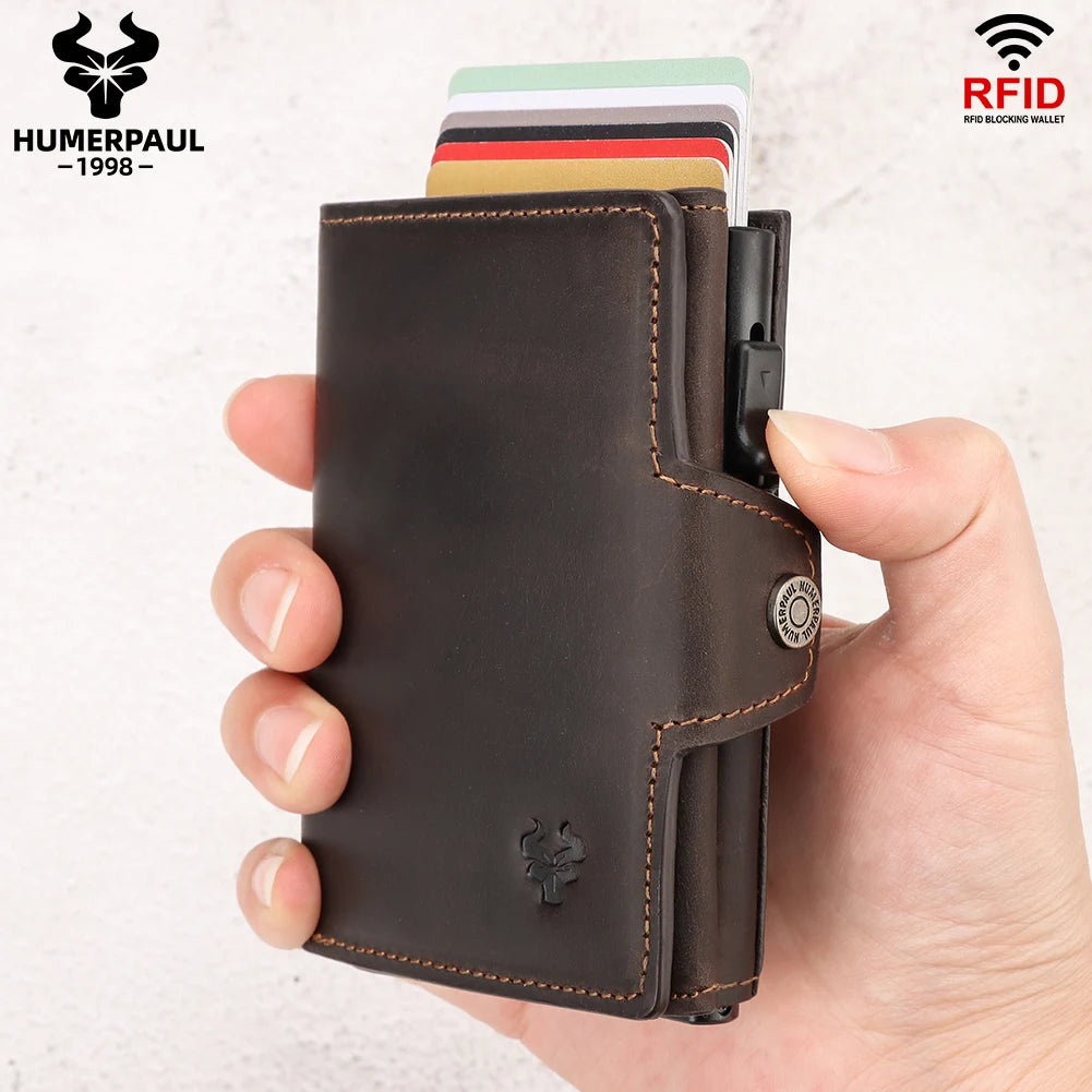 HUMERPAUL RFID Smart Pop-Up Card Wallet - Genuine Leather Slim Card Holder with Coin Purse