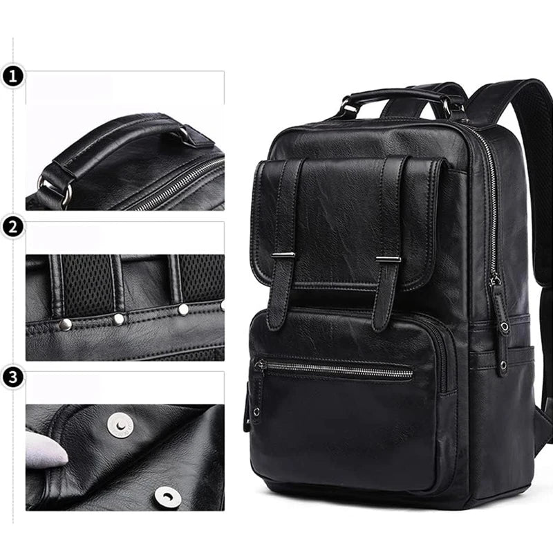 Premium Leather Laptop Backpack - Waterproof Business Travel Bag