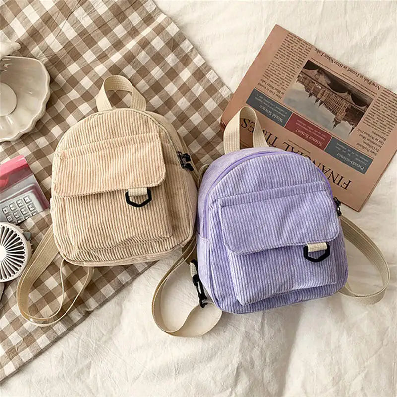 Women's Embroidered Mini Corduroy Backpack - Compact Travel Bag