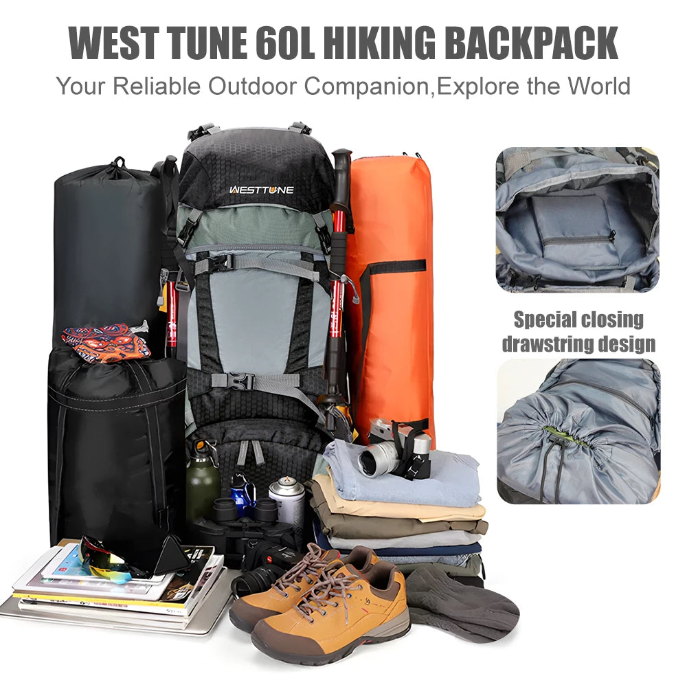 WESTTUNE 60L Internal Frame Hiking Backpack with Rain Cover - Outdoor Travel Camping Pack