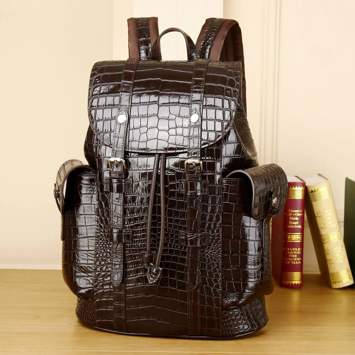 Premium Crocodile Pattern Leather Travel Backpack - 20-35L Capacity