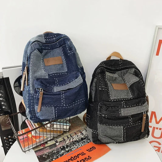 Washed Denim Backpack - Unisex College & Travel Bag with Laptop Compartment
