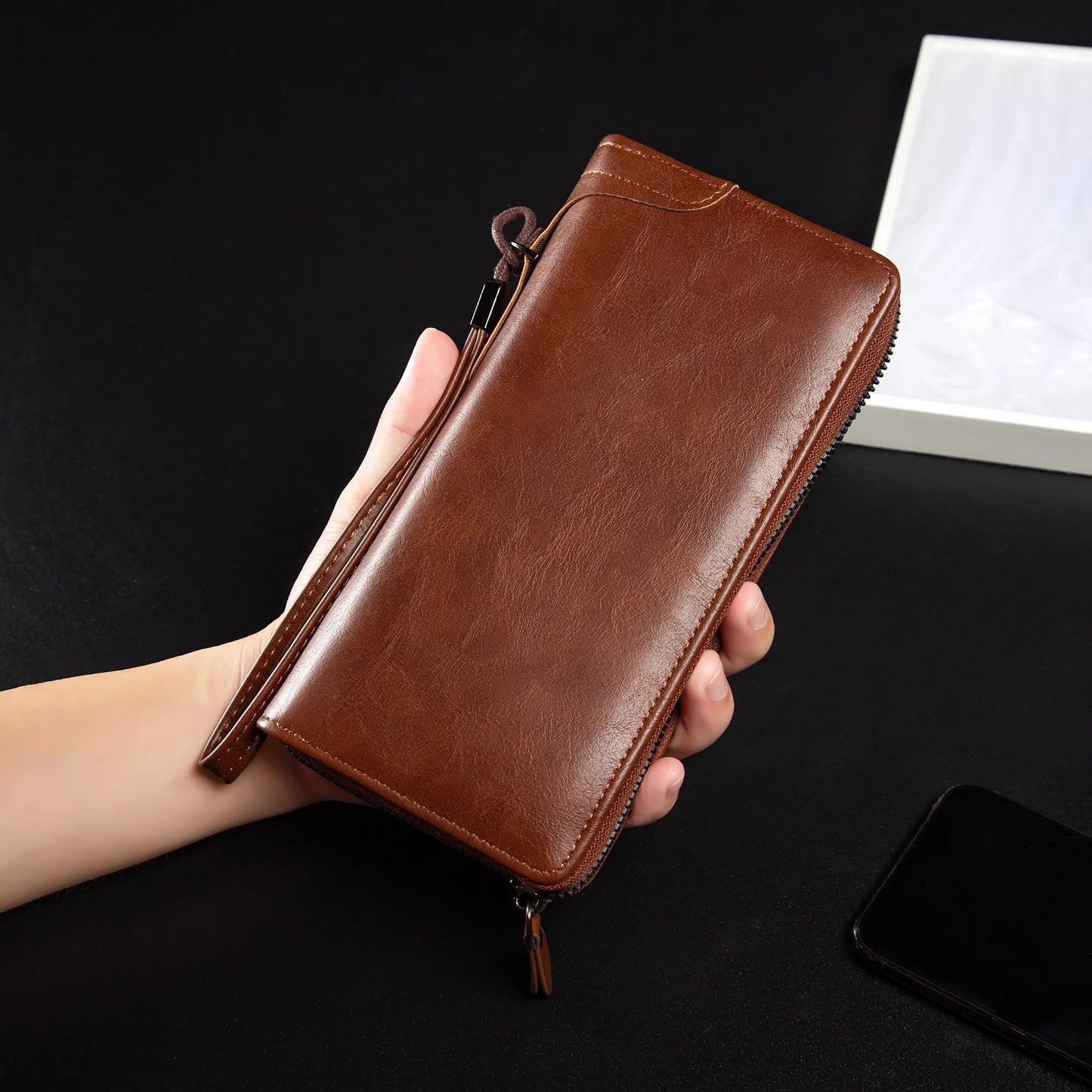 Men's RFID Blocking Long Leather Wallet with Zipper