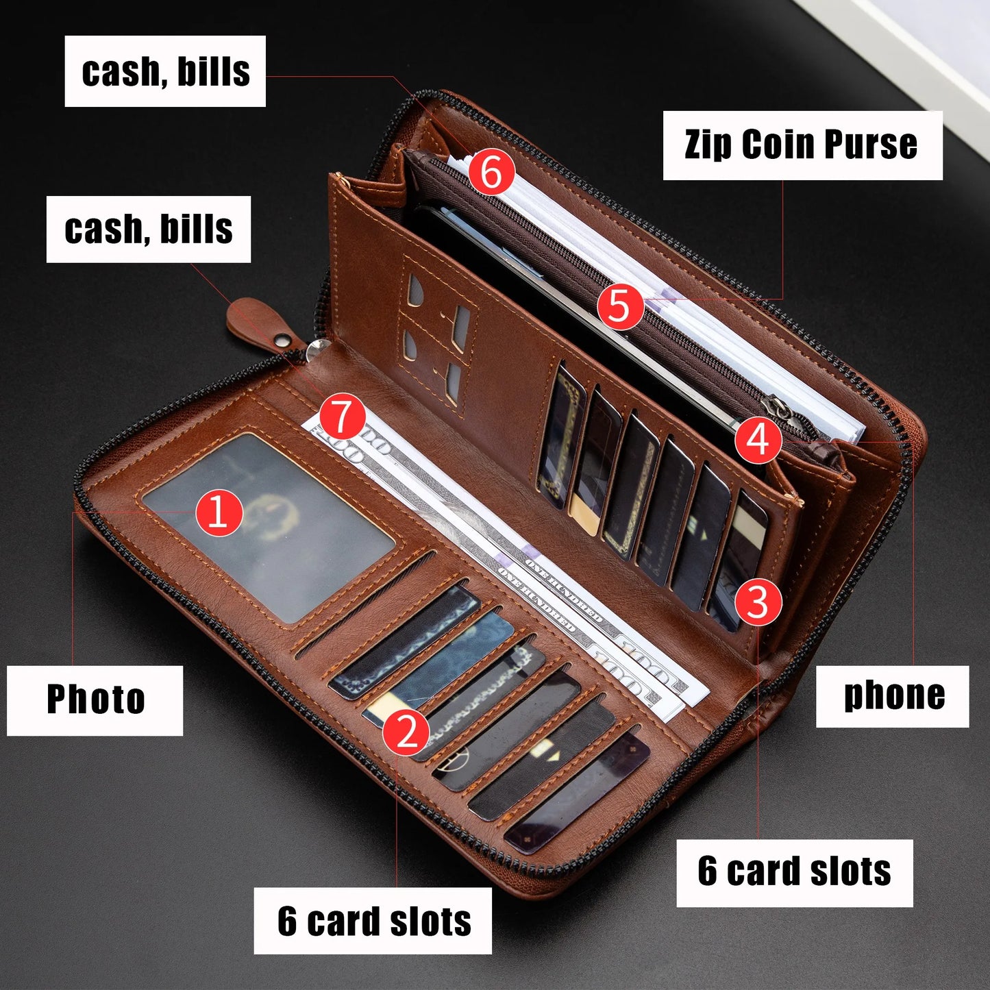 Men's RFID Blocking Long Leather Wallet with Zipper