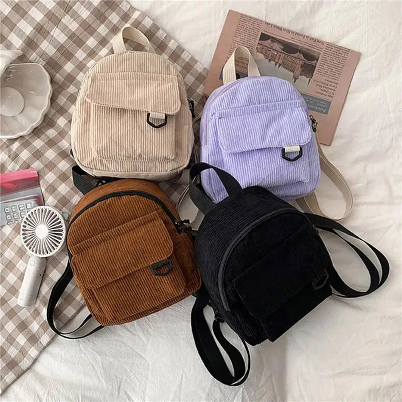 Women's Embroidered Mini Corduroy Backpack - Compact Travel Bag