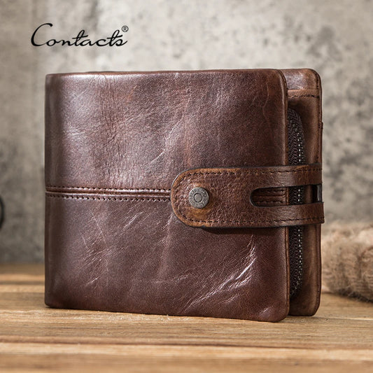CONTACT'S Men's Genuine Leather Wallet - Crazy Horse Leather Bifold with Coin Pocket