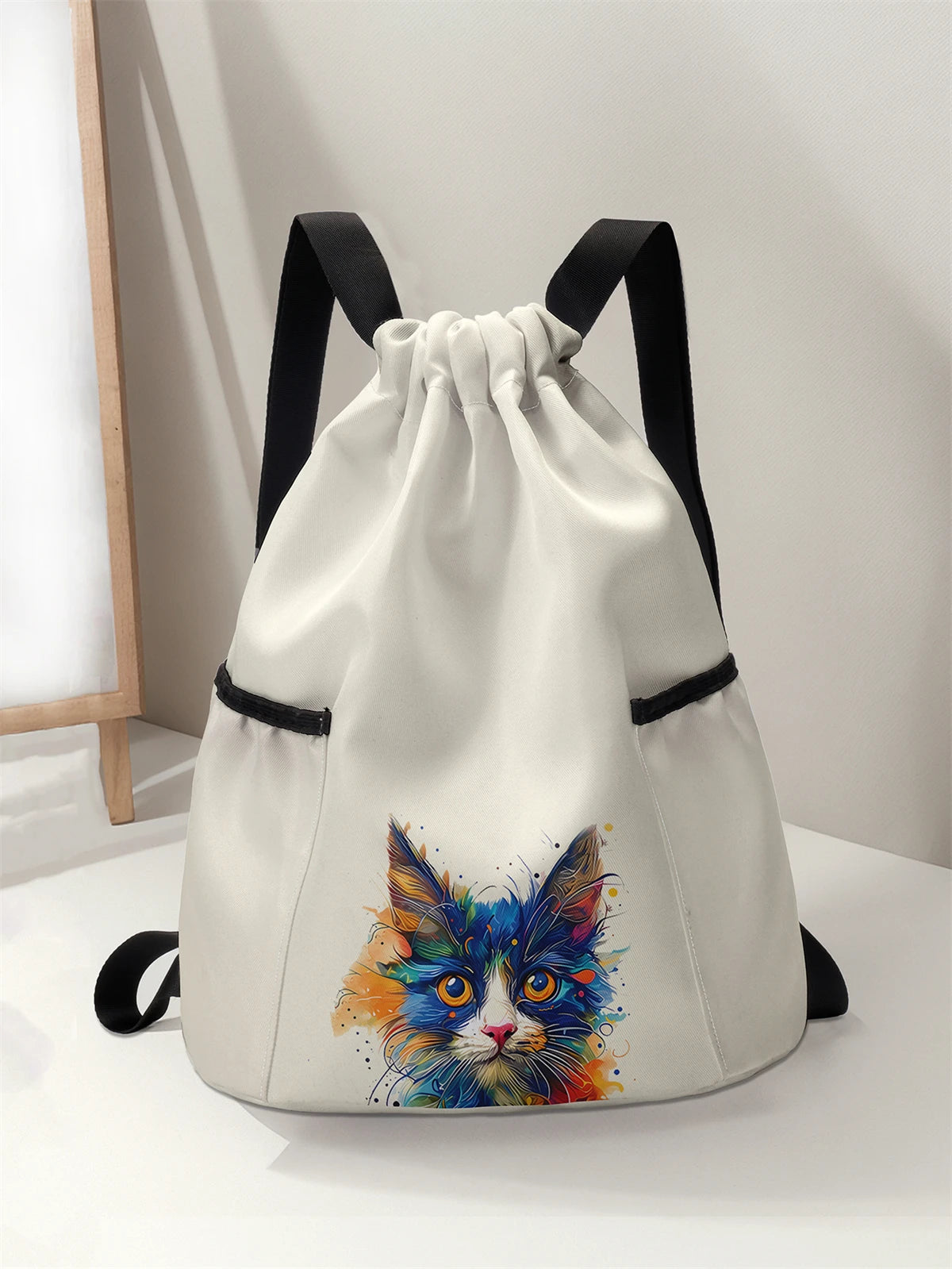 Cat Pattern Drawstring Backpack - Large Capacity Sports & Fitness Bag