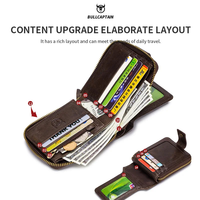 BULLCAPTAIN Men's Genuine Leather RFID Wallet with Coin Purse