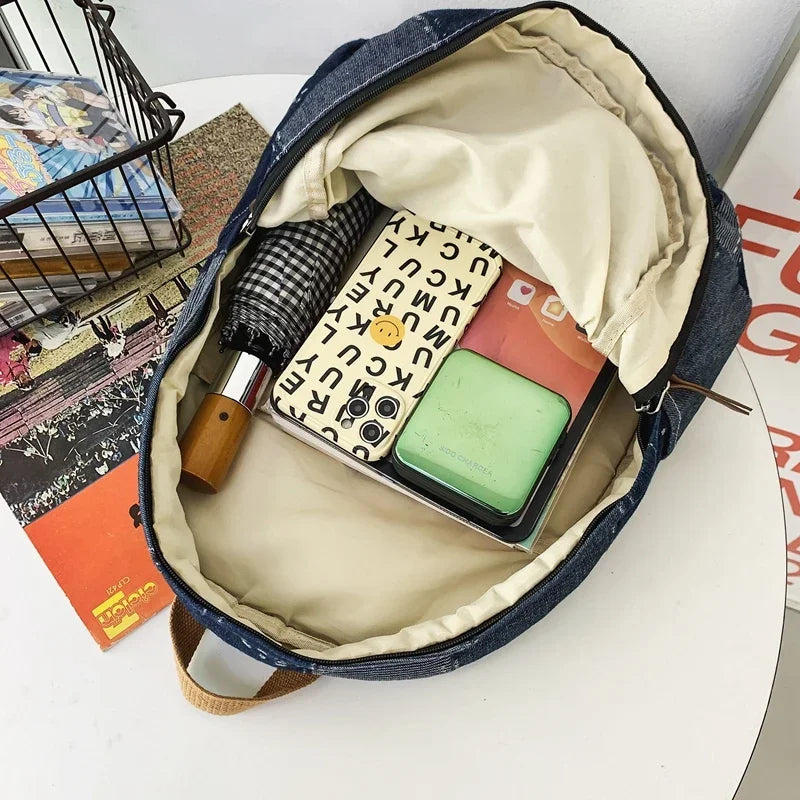 Washed Denim Backpack - Unisex College & Travel Bag with Laptop Compartment