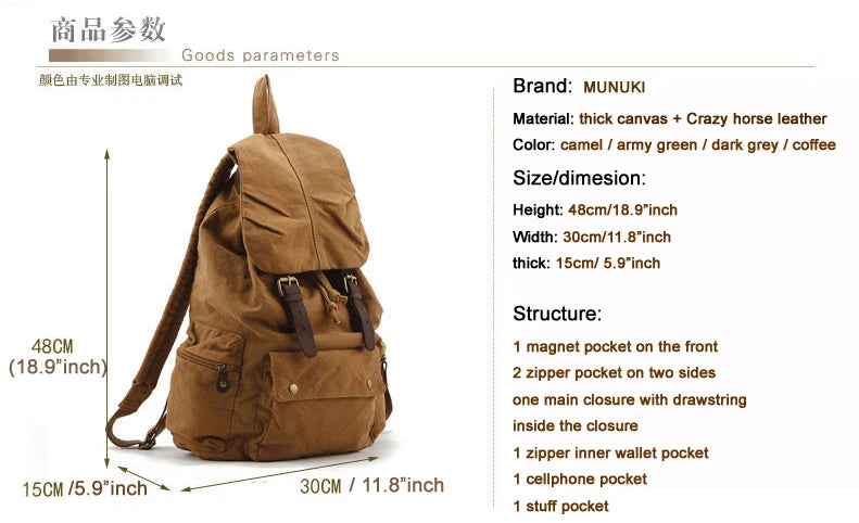Vintage Canvas & Leather Backpack - Military Style Drawstring Rucksack