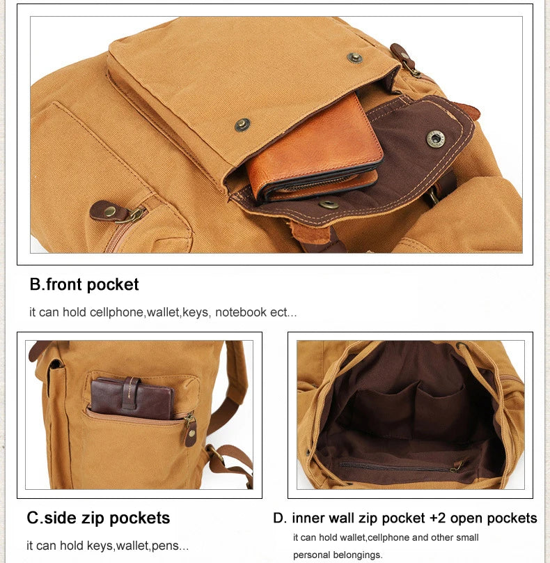 Vintage Canvas & Leather Backpack - Military Style Drawstring Rucksack