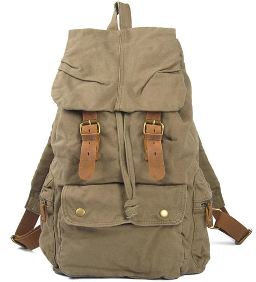 Vintage Canvas & Leather Backpack - Military Style Drawstring Rucksack