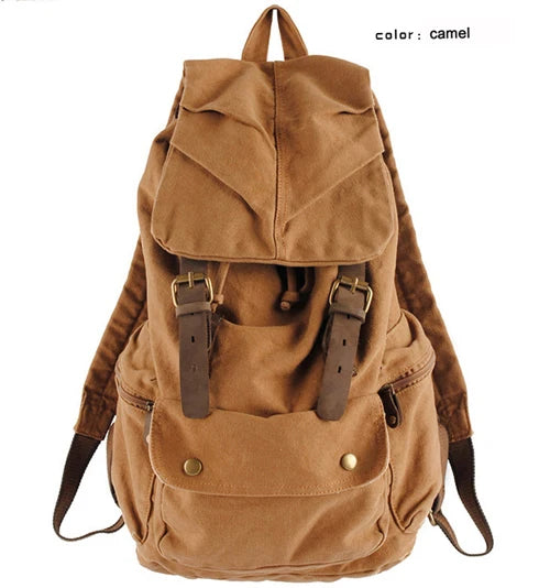 Vintage Canvas & Leather Backpack - Military Style Drawstring Rucksack