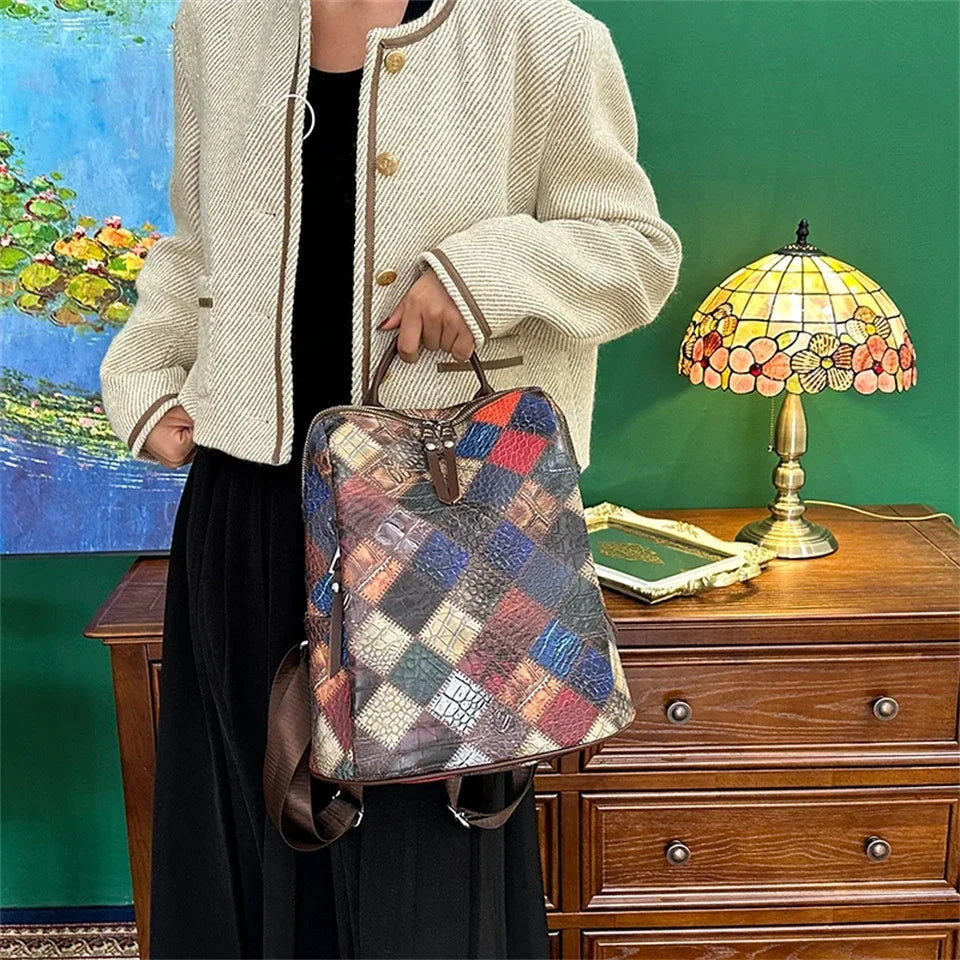 Vintage Patchwork Leather Backpack – Women’s Travel & School Rucksack