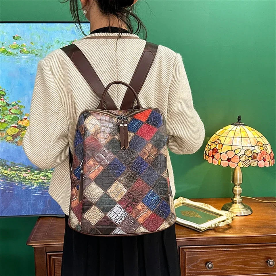 Vintage Patchwork Leather Backpack – Women’s Travel & School Rucksack
