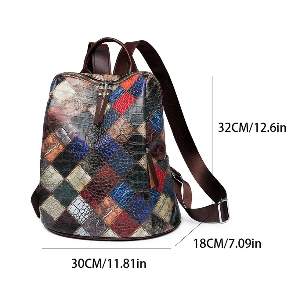 Vintage Patchwork Leather Backpack – Women’s Travel & School Rucksack