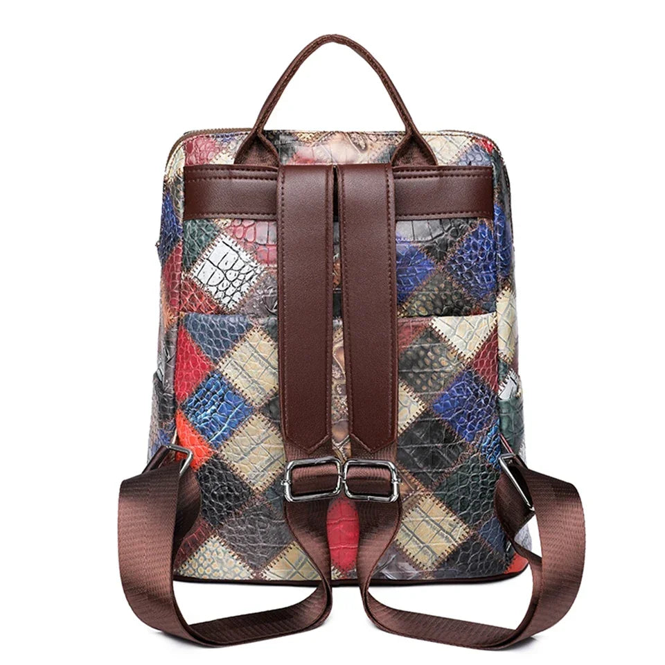 Vintage Patchwork Leather Backpack – Women’s Travel & School Rucksack
