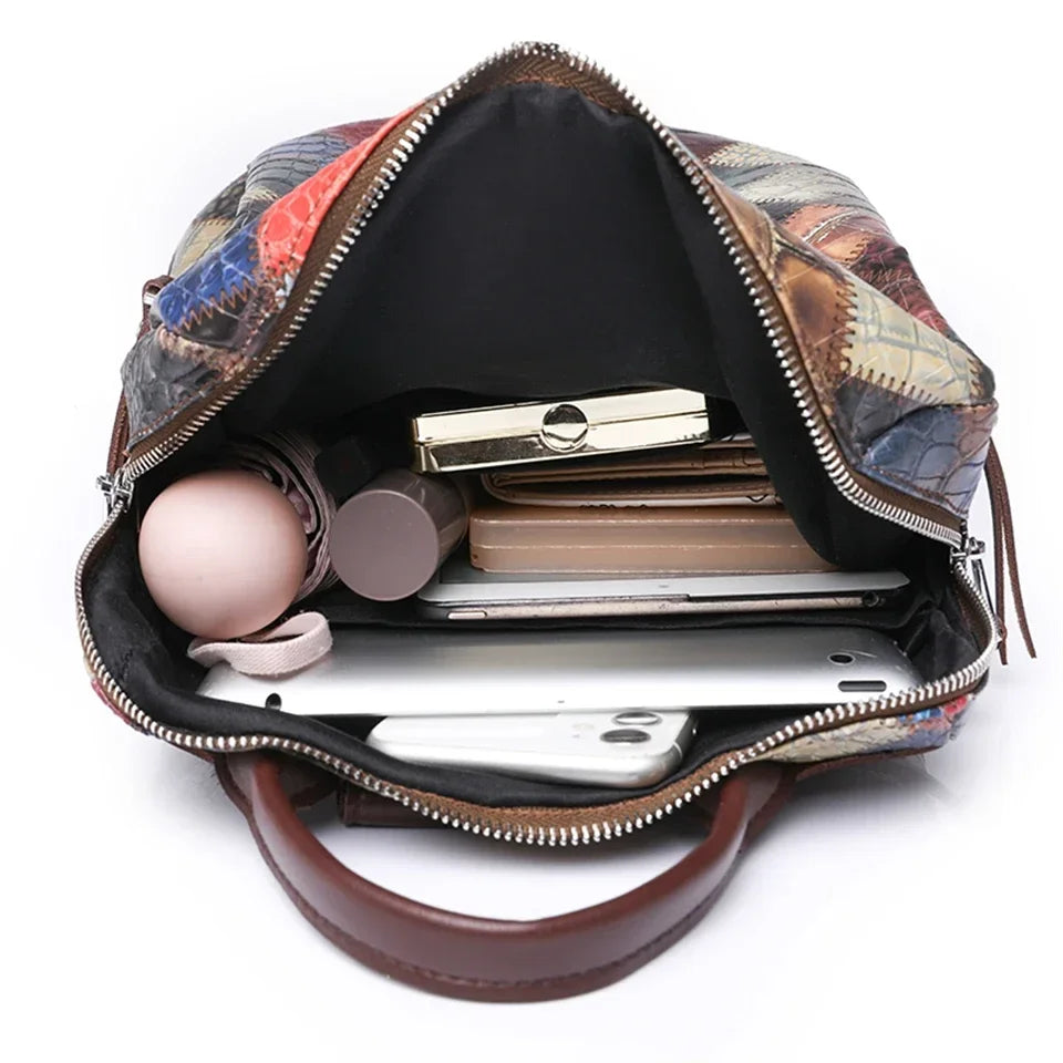 Vintage Patchwork Leather Backpack – Women’s Travel & School Rucksack