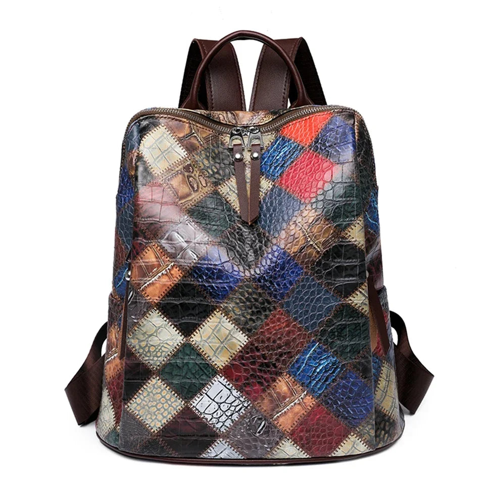 Vintage Patchwork Leather Backpack – Women’s Travel & School Rucksack