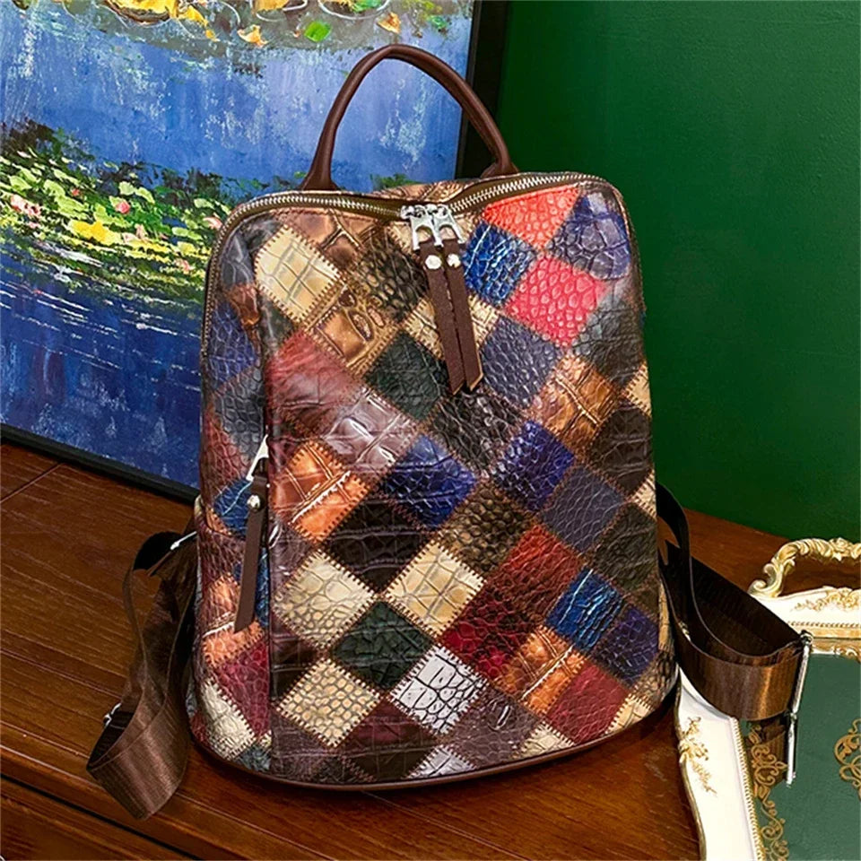 Vintage Patchwork Leather Backpack – Women’s Travel & School Rucksack